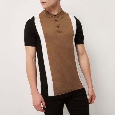Brown colour block polo shirt